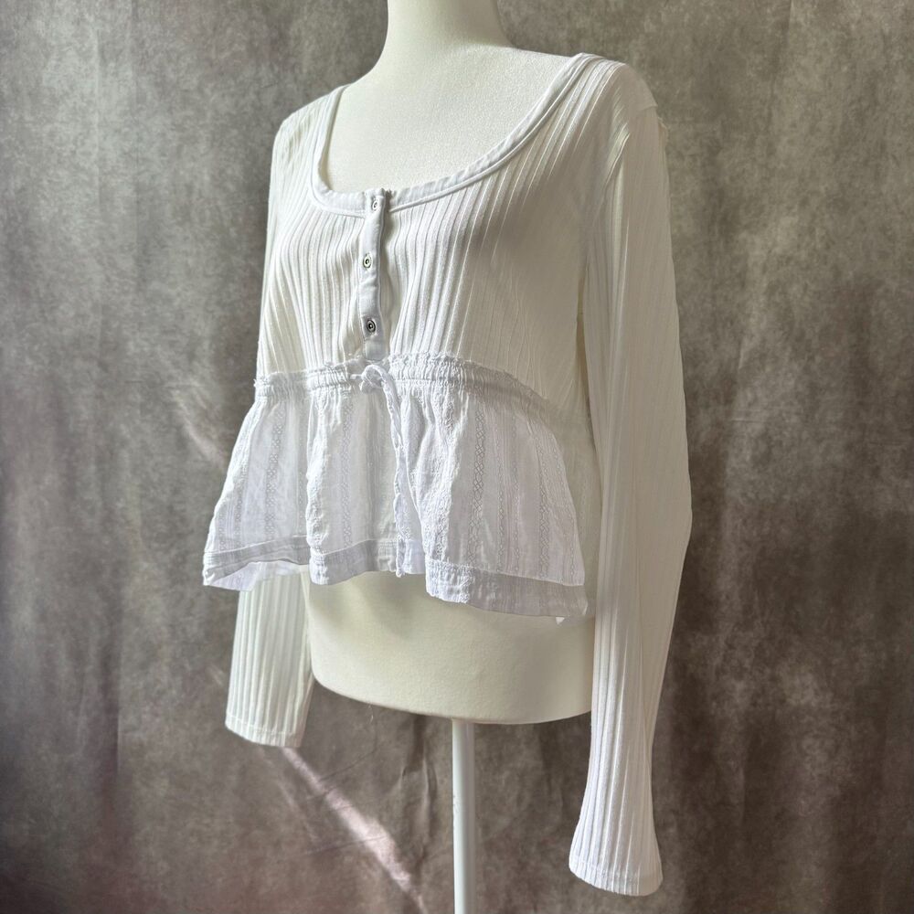 PILCRO cropped henely womens L white ribbed peplum embroidered long sleeve y2k
